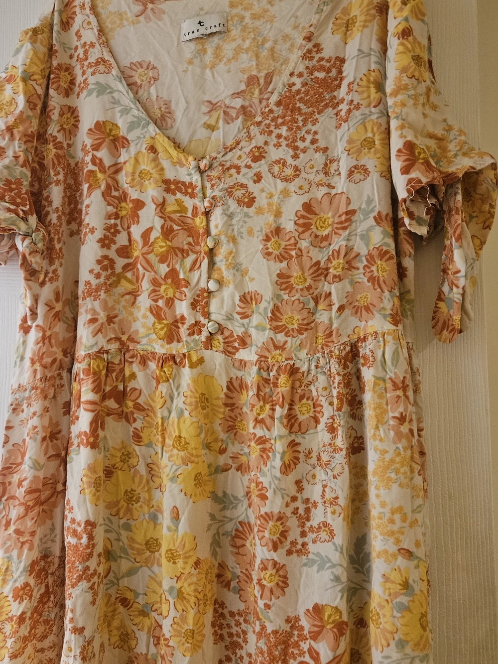 True Craft Boho Cottagecore Cream Midi Dress Orange Oversize Yellow Floral Print - Picture 2 of 11